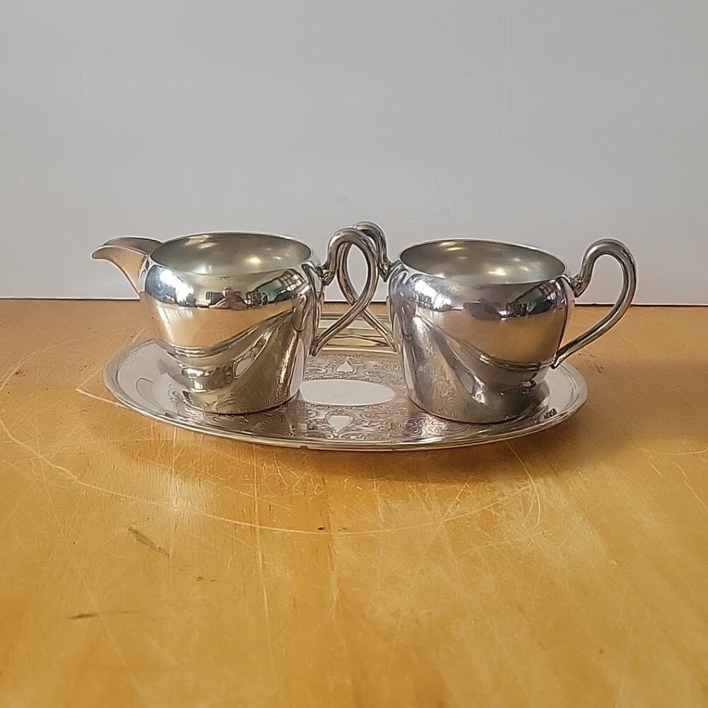 Vintage Academy Silver On Copper Cream Pitcher And Sugar Bowl With Serving Tray